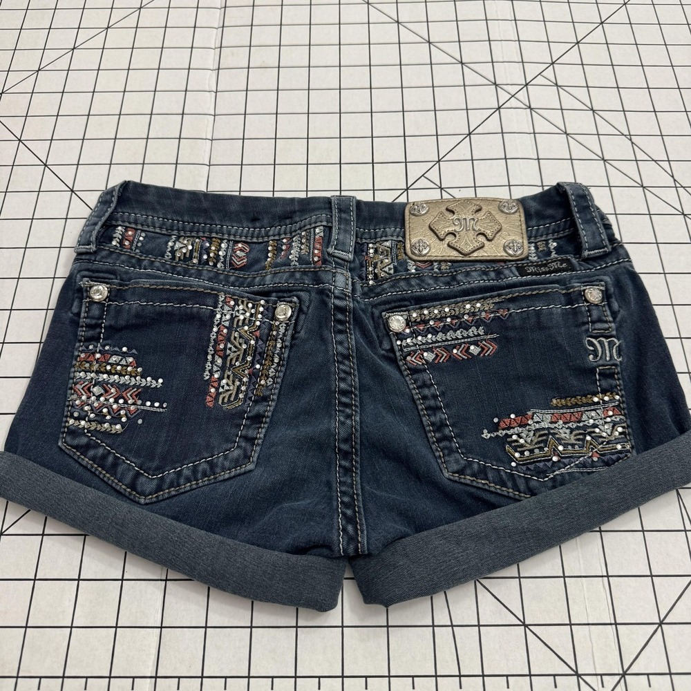 Miss Me Shorts Womens 27 Blue Denim‎ Cuffed Cut Off Embroidered Rhinestone Jean